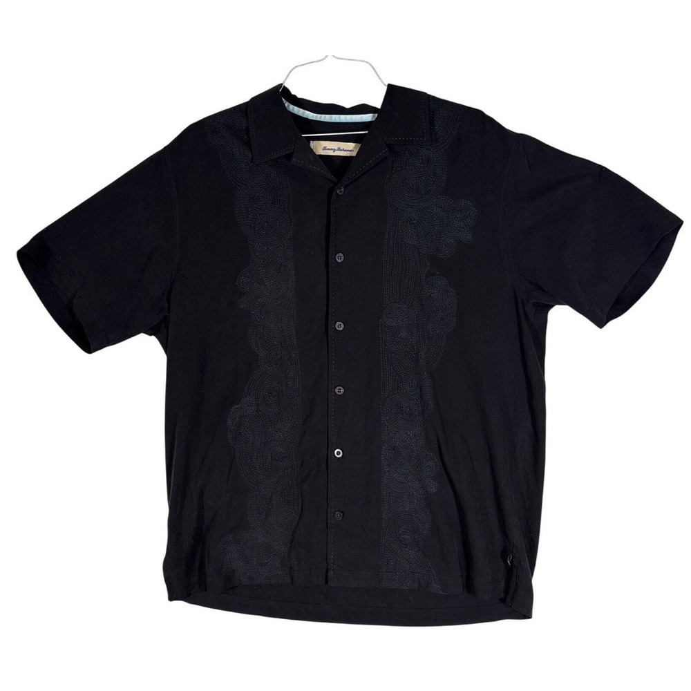 Tommy Bahama Mens Large Black 100% Silk Short Sleeve Embroidered Camp Shirt